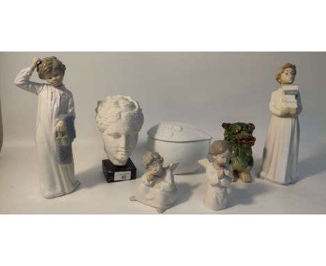 A selection of collectables; Nao figurines, moulded sculpture head on plinth along with kaiser Germany porcelain preserve dis