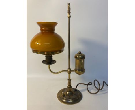 Brass oil lamp converted to electric with art glass shade [45cm] 