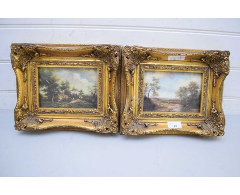 TWO MODERN OLEOGRAPH PRINTS OF RURAL SCENES SET IN HEAVY GILT FRAMES