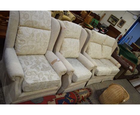 BEIGE FLORAL UPHOLSTERED TWO-SEATER SOFA AND PAIR OF ARMCHAIRS