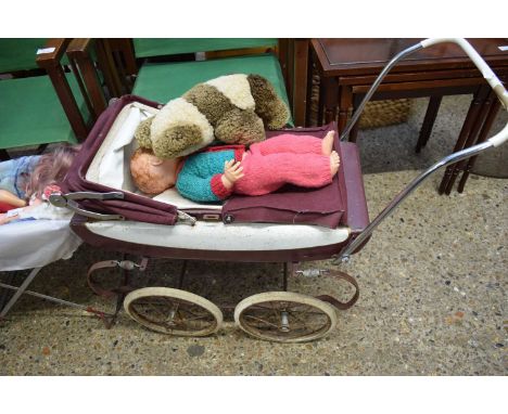 VINTAGE TRIANG DOLLS PRAM CONTAINING A DOLL AND A TEDDY