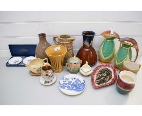 MIXED LOT VARIOUS CERAMICS TO INCLUDE PAIR OF MYOTT JUGS, VARIOUS DECORATED VASES, PRESERVE POT, ROYAL WORCESTER PIN DISHES, 