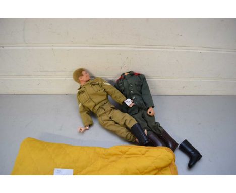 MIXED LOT TWO VINTAGE ACTION MEN WITH HAIR PLUS BAG VARIOUS ACCESSORIES