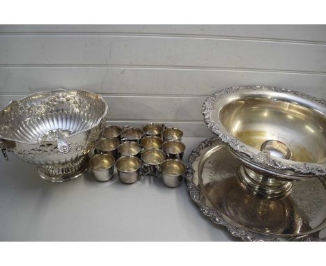 LARGE SILVER PLATED PUNCH BOWL WITH LADLE AND ACCOMPANYING TRAY, TOGETHER WITH A SMALLER PUNCH BOWL WITH LADLE AND CUPS
