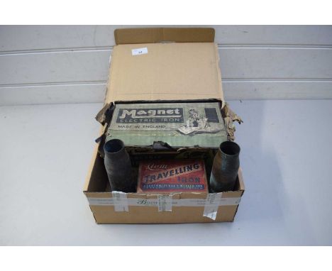 MIXED LOT VINTAGE MAGNET ELECTRIC IRON, A FURTHER TRAVELLING IRON AND TWO BRASS SHELL CASES