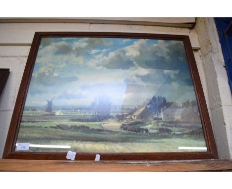 AFTER EDWARD SEAGO, MARSHLAND VILLAGE, COLOURED PRINT, OAK FRAMED, 64CM WIDE