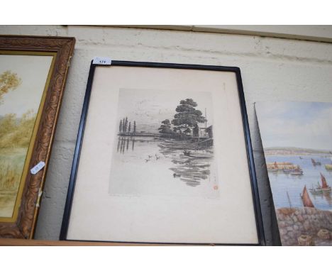 K.HAYASHI (20TH CENTURY JAPANESE), FISHING VILLAGE, COLOURED PRINT, 38CM WIDE