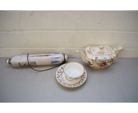 CARLTON WARE FLORAL DECORATED TEA POT, A 19TH CENTURY FLORAL AND GILT DECORATED TEA BOWL AND SAUCER AND A VICTORIAN GLASS ROL