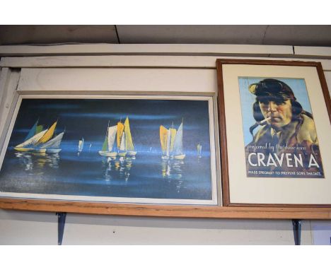 CRAVEN A CIGARETTE ADVERTISING PRINT, FRAMED, TOGETHER WITH A FURTHER ABSTRACT STUDY OF BOATS IN HARBOUR (2)