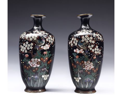 A pair of enamel cloisonnè vases decorated with blossoming branches Japan, Meiji period, 19th century  Cm 12,00