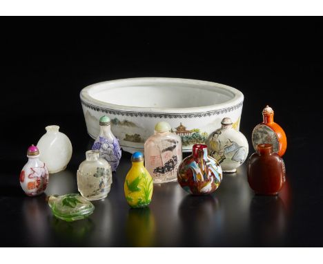 A collection of 11 snuff bottles and a porcelain basin China, 19th - 20th century   