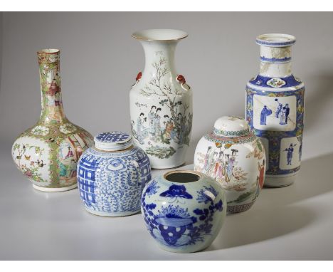 A group of six porcelain vases China, 19th - 20th century  Including: a blue and white folk potiche with lid (h. 21,5 cm;A bl