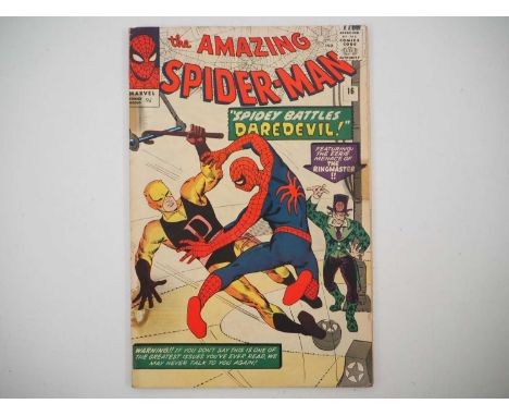 AMAZING SPIDER-MAN #16 - (1964 - MARVEL - UK Price Variant) - Daredevil's first crossover (wearing his original yellow  & bla