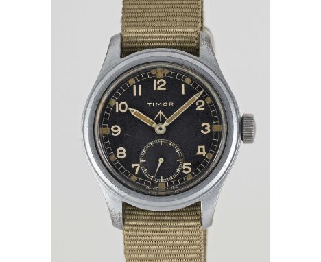 A GENTLEMAN'S STAINLESS STEEL BRITISH MILITARY TIMOR W.W.W. WRIST WATCHCIRCA 1945, PART OF THE "DIRTY DOZEN"Movement: 15J, ma