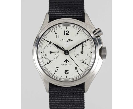 A GENTLEMAN'S STAINLESS STEEL BRITISH MILITARY ROYAL NAVY LEMANIA SINGLE BUTTON CHRONOGRAPH WRIST WATCH CIRCA 1960s, CASE BAC