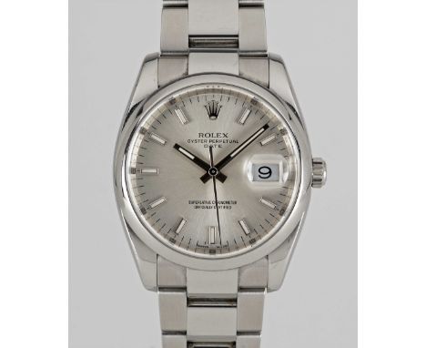 A GENTLEMAN'S SIZE STAINLESS STEEL ROLEX OYSTER PERPETUAL DATE 34 BRACELET WATCHDATED 2009, REF. 115200 WITH SILVER DIAL, ACC