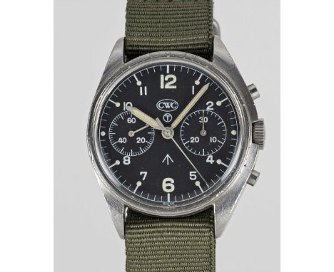 A GENTLEMAN'S STAINLESS STEEL BRITISH MILITARY CWC RAF PILOTS CHRONOGRAPH WRIST WATCHDATED 1980, PART OF THE "FAB FOUR", WITH