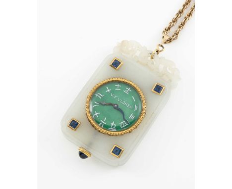 A UNIQUE JADE, EMERALD & SAPPHIRE VACHERON & CONSTANTIN PENDANT WATCHCIRCA 1910, MADE FOR V.F.VLCHEK, WITH GREEN ENAMEL DIAL 