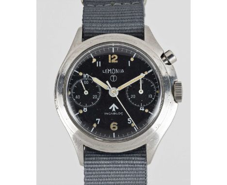 A GENTLEMAN'S STAINLESS STEEL BRITISH MILITARY LEMANIA SINGLE BUTTON RAF PILOTS CHRONOGRAPH WRIST WATCHDATED 1956Movement: 17