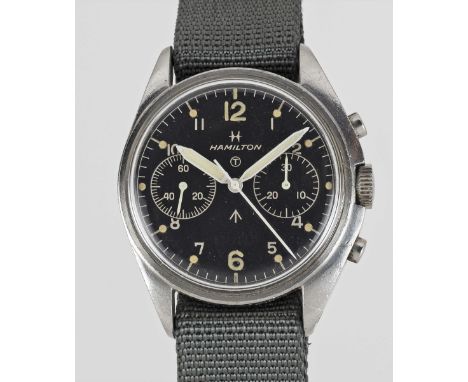 A GENTLEMAN'S STAINLESS STEEL BRITISH MILITARY ROYAL NAVY HAMILTON CHRONOGRAPH WRIST WATCHDATED 1972, PART OF THE "FAB FOUR"M