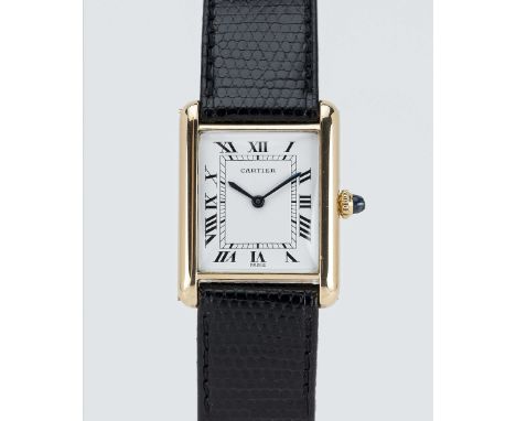 A GENTLEMAN'S SIZE 18K SOLID GOLD CARTIER PARIS TANK LOUIS MECANIQUE WRIST WATCHCIRCA 1980, REF. 78086Movement: Manual wind, 