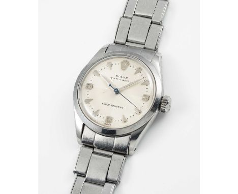 A GENTLEMAN'S STAINLESS STEEL ROLEX OYSTER ROYAL BRACELET WATCHCIRCA 1956, REF. 6444 WITH  3-6-9 "CHEVRON" DIAL Movement: 17J