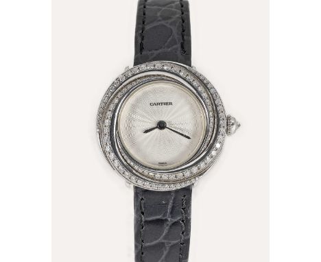 A LADIES 18K SOLID WHITE GOLD & DIAMOND CARTIER TRINITY WRIST WATCHCIRCA 2000s, REF. 2444Movement: Quartz, signed Cartier.Cas