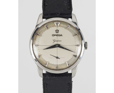 A GENTLEMAN'S LARGE STAINLESS STEEL OMEGA GENEVE WRIST WATCHCIRCA 1950s, REF. 2748-7 WITH TWO TONE SILVER "CROSSHAIRS" DIALMo