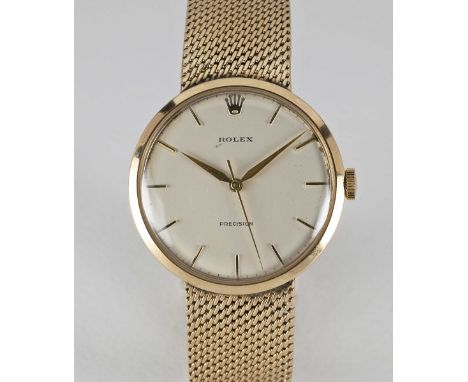 A GENTLEMAN'S 9CT SOLID GOLD ROLEX PRECISION BRACELET WATCHCIRCA 1950sMovement: 17J, manual wind, cal. 1215, signed Montres R