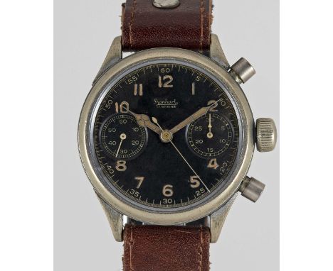 A GENTLEMAN'S GERMAN MILITARY HANHART LUFTWAFFE PILOTS CHRONOGRAPH WRIST WATCHCIRCA 1940sMovement: Manual wind, numbered 1963