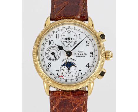 A GENTLEMAN'S 18K SOLID GOLD PHILIPPE DU BOIS & FILS TRIPLE CALENDAR MOONPHASE AUTOMATIC CHRONOGRAPH WRIST WATCHCIRCA 1990s, 