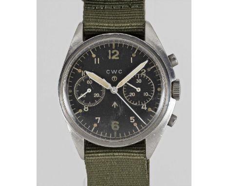 A GENTLEMAN'S STAINLESS STEEL BRITISH MILITARY CWC RAF PILOTS CHRONOGRAPH WRIST WATCHDATED 1974, PART OF THE "FAB FOUR"Moveme