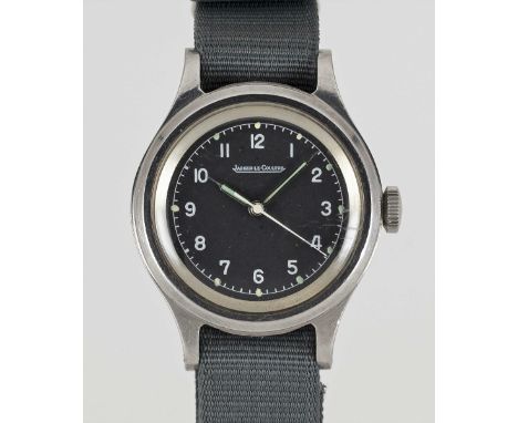 A GENTLEMAN'S STAINLESS STEEL BRITISH MILITARY JAEGER LECOULTRE RAF PILOTS WRIST WATCHDATED 1956, WITH BLACK MOD DIALMovement