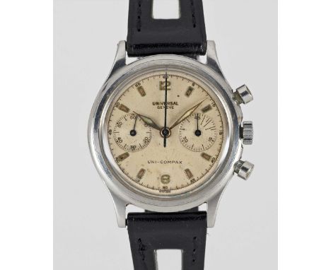 A GENTLEMAN'S STAINLESS STEEL UNIVERSAL GENEVE UNI COMPAX "WATERPROOF" CHRONOGRAPH WRIST WATCHCIRCA 1950, REF. 22296Movement: