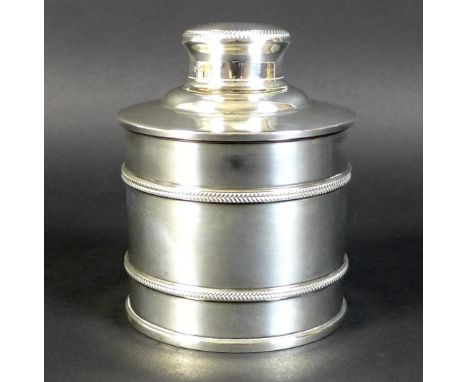 A George V silver dressing table bottle, of cylindrical form with banded body and lift off lid, Edward Barnard & Sons Ltd, Bi