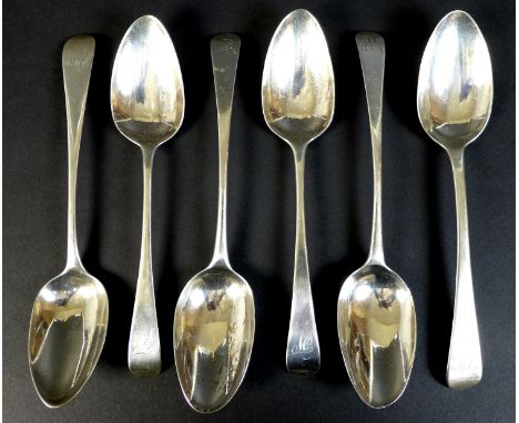 A collection of six George III silver tablespoons, comprising a pair of spoons by Peter and William Bateman, London 1807, 21c