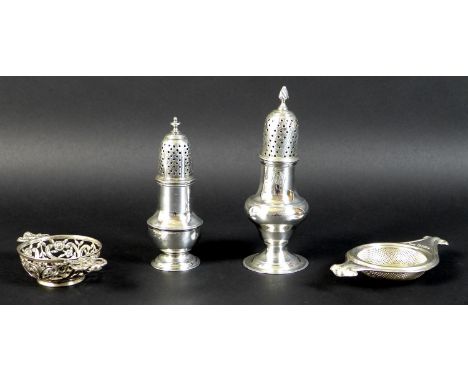 A group of silver items, George III and later, comprising a pepperette, Samuel Wood, London 1760, 11cm high, a further pepper