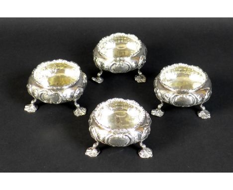 A set of four Victorian silver cauldron salts, each engraved with a single 'R' to one side and with 'RAF to HMR' to each base