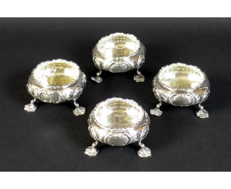 A set of four Victorian silver cauldron salts, each engraved with a single 'R' to one side and with 'RAF to HMR' to each base