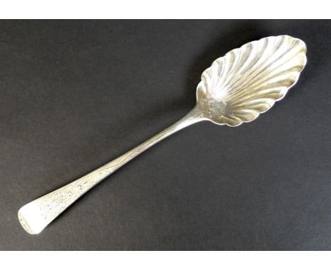 A George III silver serving spoon, with scalloped bowl and engraved decoration to handle, Christopher & Thomas Wilkes Barker,