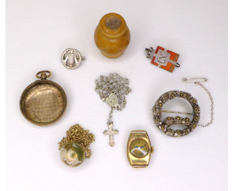 A small group of jewellery, comprising a pendant necklace, possibly Chinese, in the form of a orb painted with three cranes, 