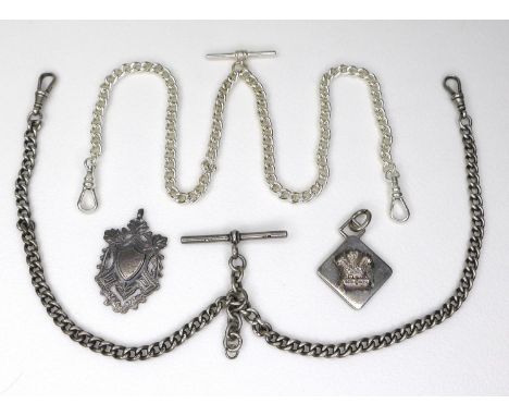 A Victorian silver Albert fob chain, with sliding T bar and two end clasps, 37.5cm long, with a shield shaped fob, 2.5 by 4cm