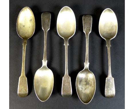 A group of five George IV and later silver table spoons, comprising one George IV, Adey Bellamy Savory, London 1829, a pair o