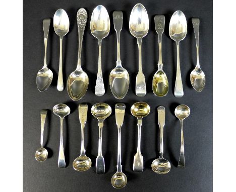 A collection of seventeen Georgian and later silver condiment and teaspoons, including a teaspoon by Peter, Ann and William B