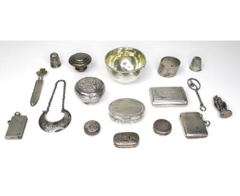 A group of silver and white metal collectables, comprising a George III silver decanter label, of crescent form engraved 'Mad