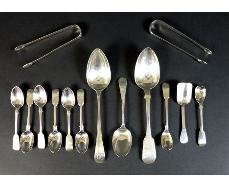 A group of Georgian and later silver flatware comprising a pair of Peter and Anne Bateman sugar nips, London 1792, 14cm, a Pe