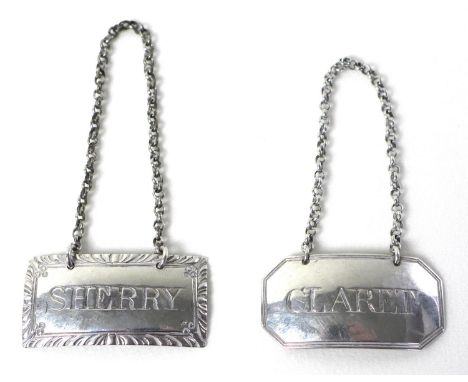 Two Georgian silver decanter labels, comprising a George III silver label of plain canted rectangular form with line border, 