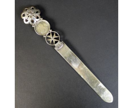 A 19th century Maltese white metal letter opener, inset with a silver 1774 Fra Francisco Ximenez de Texada, 1 scudo, to its d