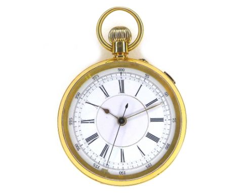 A late Victorian 18ct gold open faced centre seconds chronograph pocket watch, keyless wind, the white dial with black Roman 