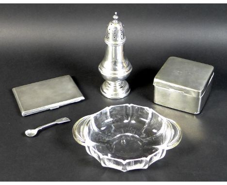 A group of silver items, comprising a George V silver sugar sifter William Aitken, Birmingham 1911, with weighted base, 6 by 